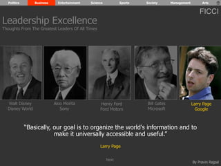 Politics Business Entertainment Science Sports Society Management Arts 
FICCI 
By Pravin Rajpal 
Walt Disney 
Disney World 
Henry Ford 
Ford Motors 
Bill Gates 
Microsoft 
Larry Page 
Google 
Akio Morita 
Sony 
“Basically, our goal is to organize the world's information and to 
make it universally accessible and useful.” 
Larry Page 
Leadership Excellence 
Thoughts From The Greatest Leaders Of All Times 
Next 
 