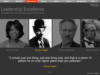 Politics Business Entertainment Science Sports Society Management Arts 
FICCI 
Leadership Excellence 
Thoughts From The Greatest Leaders Of All Times 
Oprah Winfrey Charlie Chaplin Steven Spielberg Marlon Brando 
“I remain just one thing, and one thing only, and that is a clown. It 
By Pravin Rajpal 
places me on a far higher plane than any politician.” 
Charlie Chaplin 
Next 
 
