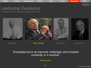 Politics Business Entertainment Science Sports Society Management Arts 
FICCI 
By Pravin Rajpal 
“Knowledge has to be improved, challenged, and increased 
constantly, or it vanishes” 
Peter Drucker 
Leadership Excellence 
Thoughts From The Greatest Leaders Of All Times 
Jack Welch Peter Drucker Tom Peters Lee Iacocca 
Next 
 
