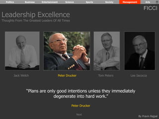 Politics Business Entertainment Science Sports Society Management Arts 
FICCI 
By Pravin Rajpal 
“Plans are only good intentions unless they immediately 
degenerate into hard work.” 
Peter Drucker 
Leadership Excellence 
Thoughts From The Greatest Leaders Of All Times 
Jack Welch Peter Drucker Tom Peters Lee Iacocca 
Next 
 
