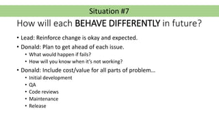 Situation #7
How will each BEHAVE DIFFERENTLY in future?
• Lead: Reinforce change is okay and expected.
• Donald: Plan to ...