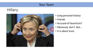 Hillary
• Long personal history
• Friends
• Accused of favoritism?
• Obviously, don’t. But…
• It is about trust.
Your Team
 