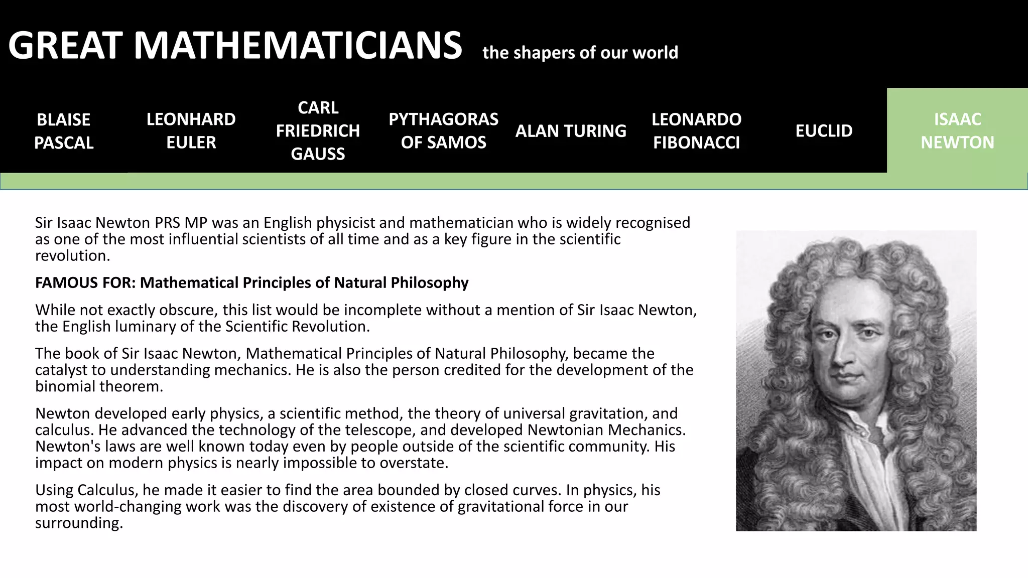 Sir Isaac Newton PRS MP was an English physicist and mathematician who is widely recognised
as one of the most influential scientists of all time and as a key figure in the scientific
revolution.
FAMOUS FOR: Mathematical Principles of Natural Philosophy
While not exactly obscure, this list would be incomplete without a mention of Sir Isaac Newton,
the English luminary of the Scientific Revolution.
The book of Sir Isaac Newton, Mathematical Principles of Natural Philosophy, became the
catalyst to understanding mechanics. He is also the person credited for the development of the
binomial theorem.
Newton developed early physics, a scientific method, the theory of universal gravitation, and
calculus. He advanced the technology of the telescope, and developed Newtonian Mechanics.
Newton's laws are well known today even by people outside of the scientific community. His
impact on modern physics is nearly impossible to overstate.
Using Calculus, he made it easier to find the area bounded by closed curves. In physics, his
most world-changing work was the discovery of existence of gravitational force in our
surrounding.
BLAISE
PASCAL
LEONHARD
EULER
CARL
FRIEDRICH
GAUSS
PYTHAGORAS
OF SAMOS
ALAN TURING
LEONARDO
FIBONACCI
EUCLID
GREAT MATHEMATICIANS the shapers of our world
ISAAC
NEWTON
 