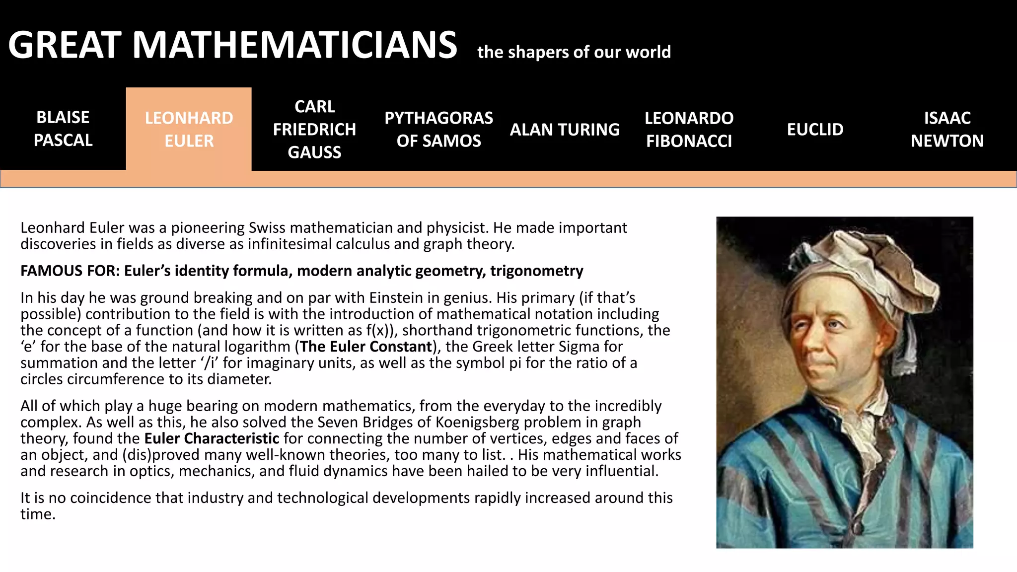 Leonhard Euler was a pioneering Swiss mathematician and physicist. He made important
discoveries in fields as diverse as infinitesimal calculus and graph theory.
FAMOUS FOR: Euler’s identity formula, modern analytic geometry, trigonometry
In his day he was ground breaking and on par with Einstein in genius. His primary (if that’s
possible) contribution to the field is with the introduction of mathematical notation including
the concept of a function (and how it is written as f(x)), shorthand trigonometric functions, the
‘e’ for the base of the natural logarithm (The Euler Constant), the Greek letter Sigma for
summation and the letter ‘/i’ for imaginary units, as well as the symbol pi for the ratio of a
circles circumference to its diameter.
All of which play a huge bearing on modern mathematics, from the everyday to the incredibly
complex. As well as this, he also solved the Seven Bridges of Koenigsberg problem in graph
theory, found the Euler Characteristic for connecting the number of vertices, edges and faces of
an object, and (dis)proved many well-known theories, too many to list. . His mathematical works
and research in optics, mechanics, and fluid dynamics have been hailed to be very influential.
It is no coincidence that industry and technological developments rapidly increased around this
time.
BLAISE
PASCAL
LEONHARD
EULER
CARL
FRIEDRICH
GAUSS
PYTHAGORAS
OF SAMOS
ALAN TURING
LEONARDO
FIBONACCI
EUCLID
GREAT MATHEMATICIANS the shapers of our world
ISAAC
NEWTON
 