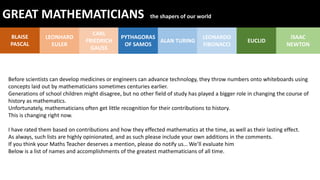BLAISE
PASCAL
LEONHARD
EULER
CARL
FRIEDRICH
GAUSS
PYTHAGORAS
OF SAMOS
ALAN TURING
LEONARDO
FIBONACCI
EUCLID
GREAT MATHEMATICIANS the shapers of our world
ISAAC
NEWTON
Before scientists can develop medicines or engineers can advance technology, they throw numbers onto whiteboards using
concepts laid out by mathematicians sometimes centuries earlier.
Generations of school children might disagree, but no other field of study has played a bigger role in changing the course of
history as mathematics.
Unfortunately, mathematicians often get little recognition for their contributions to history.
This is changing right now.
I have rated them based on contributions and how they effected mathematics at the time, as well as their lasting effect.
As always, such lists are highly opinionated, and as such please include your own additions in the comments.
If you think your Maths Teacher deserves a mention, please do notify us… We’ll evaluate him
Below is a list of names and accomplishments of the greatest mathematicians of all time.
 