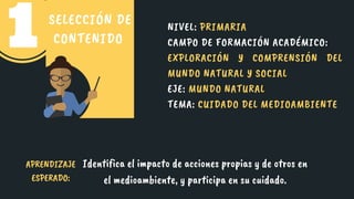NIVEL: PRIMARIA
CAMPO DE FORMACIÓN ACADÉMICO:
EXPLORACIÓN Y COMPRENSIÓN DEL
MUNDO NATURAL Y SOCIAL
EJE: MUNDO NATURAL
TEMA: CUIDADO DEL MEDIOAMBIENTE
SELECCIÓN DE
CONTENIDO
Identifica el impacto de acciones propias y de otros en
el medioambiente, y participa en su cuidado.
APRENDIZAJE
ESPERADO:
 