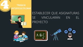 TRABAJO
INTERDISCIPLINAR
ESTABLECER QUE ASIGNATURAS
SE VINCULARÁN EN EL
PROYECTO
 