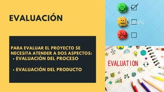 EVALUACIÓN
EVALUACIÓN DEL PROCESO
EVALUACIÓN DEL PRODUCTO
PARA EVALUAR EL PROYECTO SE
NECESITA ATENDER A DOS ASPECTOS:
 