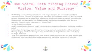 One Voice: Path finding Shared
Vision, Value and Strategy
 “Path finding” is uniting diverse people into one voice, one great purpose. One way to do this would be to
announce the vision, values and strategy to people, without any real involvement on their part. You can also seek
excessive involvement and get bogged down in paralysis by analysis, with endless off-sites and discussions, as if
you didn’t need to actually execute. The third alternative is to reasonably involve people in the process of
developing the vision, mission and strategy, in a culture of trust.
 Survival: Financial health (Body)
 Growth and development: Economic growth, customer growth, innovation and increasing institutional competency
(Mind)
 Relationships: Strong synergy, external networks, partnering, teamwork, trust and valuing differences (Heart)
 Meaning, integrity, contribution: Serving and lifting all stakeholders; making a difference in the world (Spirit)
 No Margin, No Mission
 To get focus and teamwork, employees must know what the highest priorities are, buy into them, translate them
into specific actions, have the discipline to stay the course, trust one another and collaborate effectively
 