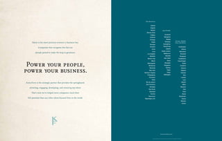The Americas


                                                                              Atlanta
                                                                              Bogota
                                                                              Boston                   Asia Pacific
                                                                        Buenos Aires
                                                                              Calgary                       Auckland

                                                                             Caracas                      Bangalore

                                                                             Chicago                           Beijing
                                                                                                            Brisbane               Europe, Middle
      Talent is the most precious resource a business has.                     Dallas
                                                                                                                                   East, and Africa
                                                                             Durango                     Guangzhou

                                                                             Houston                     Hong Kong                        Amsterdam
             Companies that recognise this fact are
                                                                                Irvine                        Jakarta                           Athens
                                                                                 Lima                Kuala Lumpur                           Barcelona
          already poised to make the leap to greatness.                                                   Melbourne
                                                                         Los Angeles                                                          Brussels
                                                                             Medellin                        Mumbai                          Budapest
                                                                          Mexico City                      New Delhi                      Casablanca
                                                                               Miami                             Seoul                   Copenhagen


 Power your people,                                                      Minneapolis
                                                                           Monterrey
                                                                                                            Shanghai
                                                                                                          Singapore
                                                                                                                                                    Dubai
                                                                                                                                              Frankfurt



power your business.
                                                                             Montreal                         Sydney                            Geneva
                                                                            New York                            Taipei                         Helsinki
                                                                     Northern Virginia                          Tokyo                          Istanbul
                                                                         Philadelphia                     Wellington                                  Kiev
                                                                            Princeton                                                           London
                                                                                Quito                                                                Lyon
                                                                       Rio de Janeiro                                                           Madrid
Korn/Ferry is the strategic partner that provides the springboard:
                                                                       San Francisco                                                                 Milan
                                                                             Santiago                                                         Moscow
   attracting, engaging, developing, and retaining top talent.
                                                                           Sao Paulo                                                                 Oslo
                                                                            Stamford                                                                 Paris
      That’s how we’ve helped more companies reach their                      Toronto                                                               Rome
                                                                           Vancouver                                                       Stockholm
  full potential than any other talent-focused firm in the world.    Washington, DC                                                                 Vienna
                                                                                                                                               Warsaw
                                                                                                                                                    Zurich




                                                                                                  www.kornferry.com


                                                                                  Copyright © 2012 Korn/Ferry International. All Rights Reserved.
 