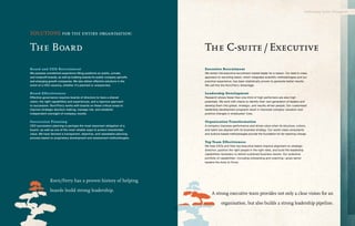 Cultivating Talent Throughout




SOLUTIONS for the entire organisation:

The Board                                                                      The C-suite / Executive
Board and CEO Recr uitment                                                     Executive Recr uitment
We possess unmatched experience filling positions on public, private,          We remain the executive recruitment market leader for a reason. Our best-in-class
and nonprofit boards, as well as building boards for public company spinoffs   approach to recruiting talent, which integrates scientific methodologies and our
and emerging growth companies. We also deliver effective solutions in the      practical experience, has been statistically proven to generate better results.
event of a CEO vacancy, whether it’s planned or unexpected.                    We call this the Korn/Ferry Advantage.

Board Effectiveness                                                            Leadership Development
Effective governance requires boards of directors to have a shared             Research shows fewer than one-third of high performers are also high
vision, the right capabilities and experiences, and a rigorous approach        potentials. We work with clients to identify their next generation of leaders and
to succession. Korn/Ferry works with boards on these critical areas to         develop them into global, strategic, and results-driven people. Our customised
improve strategic decision making, manage risk, and establish                  leadership development programs result in improved company valuation and
independent oversight of company results.                                      positive changes in employees’ lives.


Succession Planning                                                            Organisation Transfor mation
CEO succession planning is perhaps the most important obligation of a          A company improves performance and drives value when its structure, culture,
board—as well as one of the most reliable ways to protect shareholder          and talent are aligned with its business strategy. Our world-class consultants
value. We have devised a transparent, objective, and repeatable planning       and science-based methodologies provide the foundation for far-reaching change.
process based on proprietary development and assessment methodologies.
                                                                               Top Team Effectiveness
                                                                               We help CEOs and their top executive teams improve alignment on strategic
                                                                               direction, position the right people in the right roles, and build the leadership
                                                                               capabilities necessary to deliver sustained business results. Our extensive
                                                                               portfolio of capabilities—including onboarding and coaching—gives senior
                                                                               leaders the tools to thrive.




               Korn/Ferry has a proven history of helping

               boards build strong leadership.
                                                                                    A strong executive team provides not only a clear vision for an

                                                                                            organisation, but also builds a strong leadership pipeline.
 