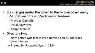 • Big changes under the cover to throw overboard many
IBM boat anchors and/or licensed features
– Move to OpenSSL
– InstallAnywhere
– AdoptOpenJDK
• DirectorySync
– New, better sync tool to keep Domino and AD users and
groups in sync
– Pre-req for Password Sync in 12.0
11.0
 