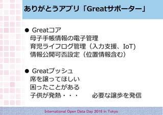 ꤬Ȥץ꡸Ұ𲹳٥ݩ``
 Great
ĸ֎ӹ
饤ե֧ԮIoT)
_ɷOλ󺬤ࣩ
 Greatץå
ϯjäƤۤ
äȤ
ӹk??? Ҫjik
International Open Data Day 2016 in Tokyo
 