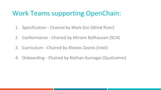 Work Teams supporting OpenChain:
1. Specification - Chaired by Mark Gisi (Wind River)
2. Conformance - Chaired by Miriam Ballhausen (SCA)
3. Curriculum - Chaired by Alexios Zavros (Intel)
4. Onboarding - Chaired by Nathan Kumagai (Qualcomm)
 