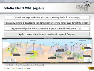 10
GUANAJUATO MINE (Ag-Au)
Historic underground mine with two operating shafts & three ramps
Currently mining & developing to 600m depth on several zones over 4km strike length
Higher cut-off grades & improvements in grade control have lowered costs
Ag-Au concentrate shipped to smelters in Japan & Germany
* For details on Mineral Resource Estimates, refer to slide 32
 