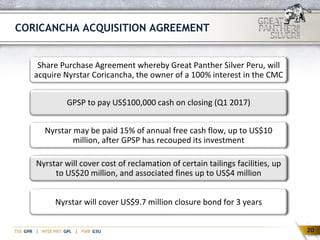 20
Share Purchase Agreement whereby Great Panther Silver Peru, will
acquire Nyrstar Coricancha, the owner of a 100% interest in the CMC
Nyrstar may be paid 15% of annual free cash flow, up to US$10
million, after GPSP has recouped its investment
GPSP to pay US$100,000 cash on closing (Q1 2017)
Nyrstar will cover cost of reclamation of certain tailings facilities, up
to US$20 million, and associated fines up to US$4 million
CORICANCHA ACQUISITION AGREEMENT
Nyrstar will cover US$9.7 million closure bond for 3 years
20
 