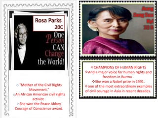 CHAMPIONS OF HUMAN RIGHTS
And a major voice for human rights and
freedom in Burma .
She won a Nobel prize in 1991.
one of the most extraordinary examples
of civil courage in Asia in recent decades.
Aung
Sang Suu
Kyi
20 B
o “Mother of the Civil Rights
Movement.“
oAn African American civil rights
activist .
oShe won the Peace Abbey
Courage of Conscience award.
Rosa Parks
20C
 