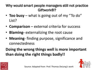 Why would smart people managers still not practice
                  Giftwork®?
• Too busy – what is going out of my “To do”
  List?
• Comparison – external criteria for success
• Blaming- externalizing the root cause
• Meaning- finding purpose, significance and
  connectedness
Doing the wrong things well is more important
than doing the right things badly!!

           Source: Adapted from Prof. Thomas DeLong’s work
 