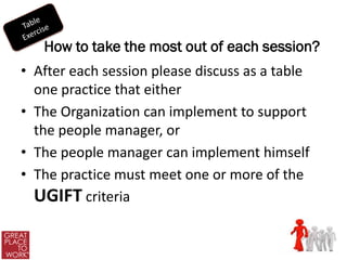 How to take the most out of each session?
• After each session please discuss as a table
  one practice that either
• The Organization can implement to support
  the people manager, or
• The people manager can implement himself
• The practice must meet one or more of the
  UGIFT criteria
 