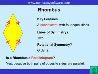 Rhombus A  quadrilateral  with four equal sides. Key Features Lines of Symmetry? Rotational Symmetry? Two. Order 2. Is a Rhombus a  Parallelogram ? Yes, because both pairs of opposite sides are parallel.   