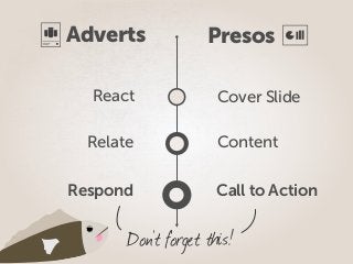 React
Relate
Respond
Cover Slide
Content
Call to Action
Adverts Presos
Don’t forget this!
 