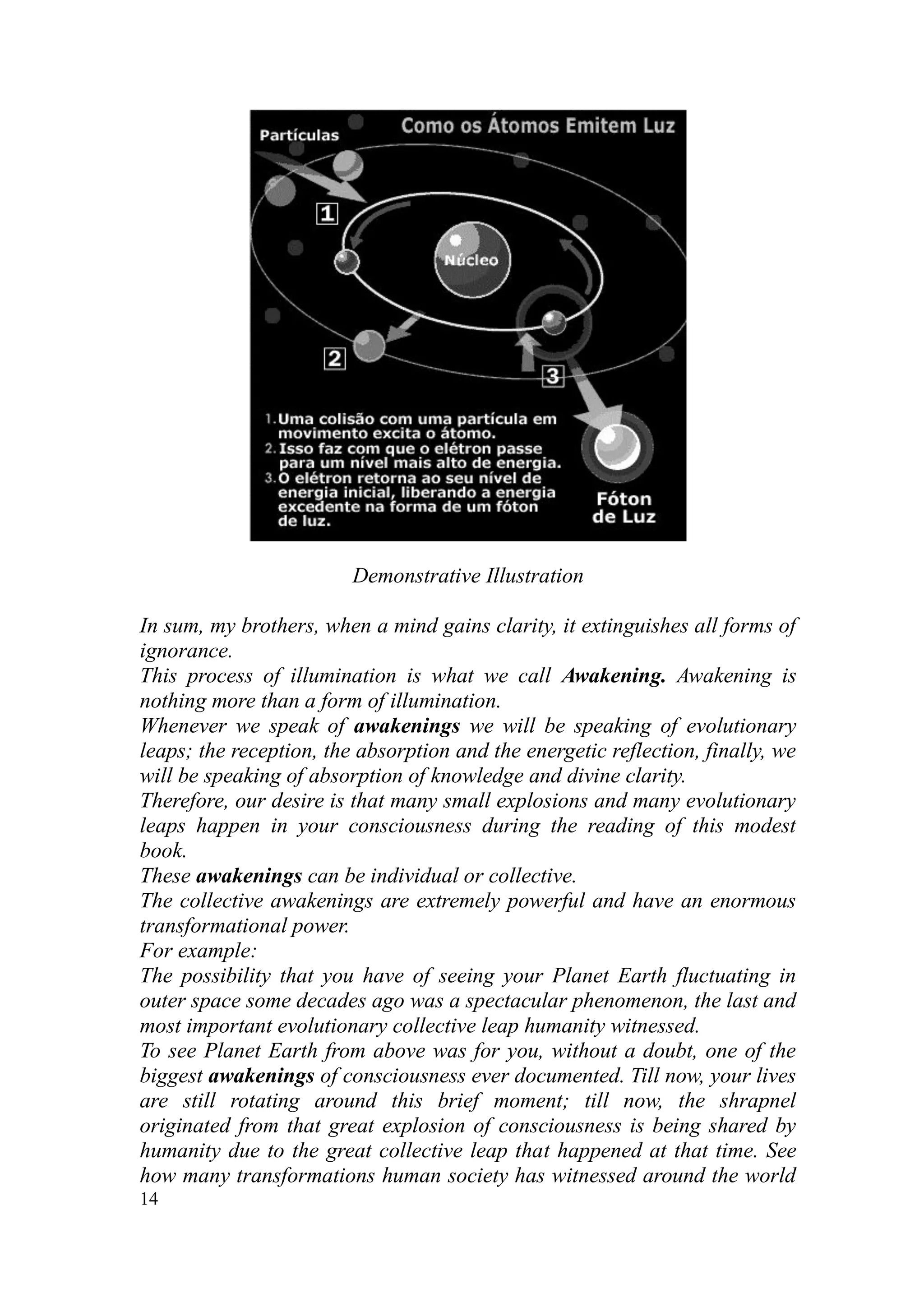 Demonstrative Illustration

In sum, my brothers, when a mind gains clarity, it extinguishes all forms of
ignorance.
This process of illumination is what we call Awakening. Awakening is
nothing more than a form of illumination.
Whenever we speak of awakenings we will be speaking of evolutionary
leaps; the reception, the absorption and the energetic reflection, finally, we
will be speaking of absorption of knowledge and divine clarity.
Therefore, our desire is that many small explosions and many evolutionary
leaps happen in your consciousness during the reading of this modest
book.
These awakenings can be individual or collective.
The collective awakenings are extremely powerful and have an enormous
transformational power.
For example:
The possibility that you have of seeing your Planet Earth fluctuating in
outer space some decades ago was a spectacular phenomenon, the last and
most important evolutionary collective leap humanity witnessed.
To see Planet Earth from above was for you, without a doubt, one of the
biggest awakenings of consciousness ever documented. Till now, your lives
are still rotating around this brief moment; till now, the shrapnel
originated from that great explosion of consciousness is being shared by
humanity due to the great collective leap that happened at that time. See
how many transformations human society has witnessed around the world
14
 