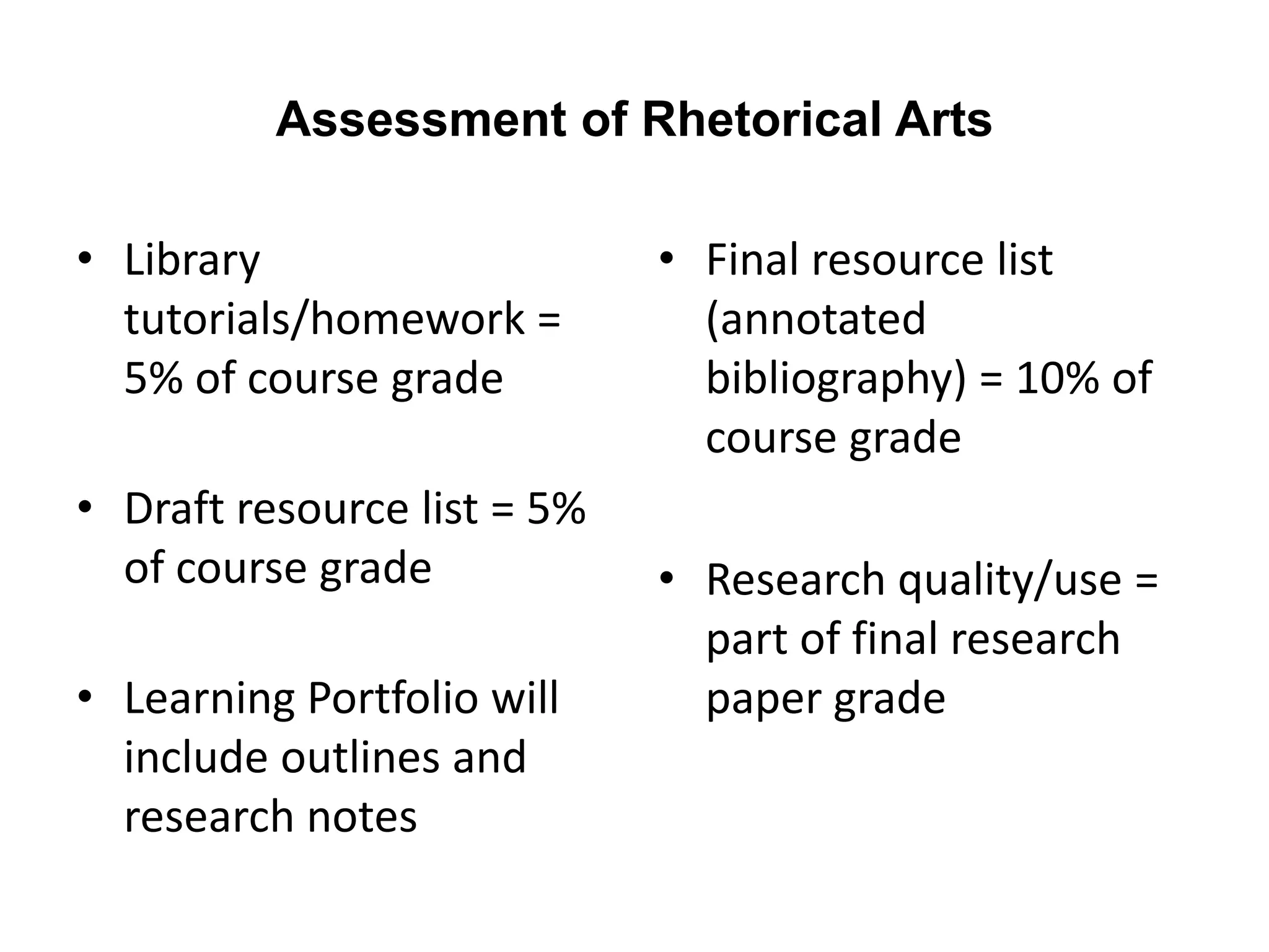 Assessment of Rhetorical Arts

• Library                    • Final resource list
  tutorials/homework =         (annotated
  5% of course grade           bibliography) = 10% of
                               course grade
• Draft resource list = 5%
  of course grade            • Research quality/use =
                               part of final research
• Learning Portfolio will      paper grade
  include outlines and
  research notes
 