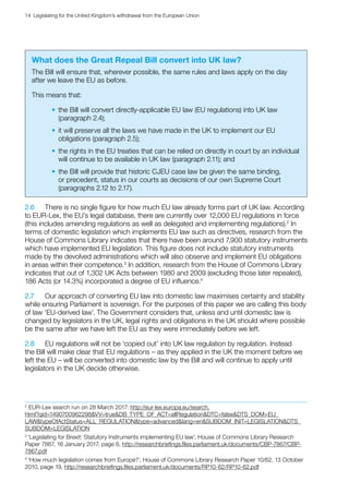14  Legislating for the United Kingdom’s withdrawal from the European Union
What does the Great Repeal Bill convert into UK law?
The Bill will ensure that, wherever possible, the same rules and laws apply on the day
after we leave the EU as before.
This means that:
•• the Bill will convert directly-applicable EU law (EU regulations) into UK law
(paragraph 2.4);
•• it will preserve all the laws we have made in the UK to implement our EU
obligations (paragraph 2.5);
•• the rights in the EU treaties that can be relied on directly in court by an individual
will continue to be available in UK law (paragraph 2.11); and
•• the Bill will provide that historic CJEU case law be given the same binding,
or precedent, status in our courts as decisions of our own Supreme Court
(paragraphs 2.12 to 2.17).
2.6	 There is no single figure for how much EU law already forms part of UK law. According
to EUR-Lex, the EU’s legal database, there are currently over 12,000 EU regulations in force
(this includes amending regulations as well as delegated and implementing regulations).2
In
terms of domestic legislation which implements EU law such as directives, research from the
House of Commons Library indicates that there have been around 7,900 statutory instruments
which have implemented EU legislation. This figure does not include statutory instruments
made by the devolved administrations which will also observe and implement EU obligations
in areas within their competence.3
In addition, research from the House of Commons Library
indicates that out of 1,302 UK Acts between 1980 and 2009 (excluding those later repealed),
186 Acts (or 14.3%) incorporated a degree of EU influence.4
2.7	 Our approach of converting EU law into domestic law maximises certainty and stability
while ensuring Parliament is sovereign. For the purposes of this paper we are calling this body
of law ‘EU-derived law’. The Government considers that, unless and until domestic law is
changed by legislators in the UK, legal rights and obligations in the UK should where possible
be the same after we have left the EU as they were immediately before we left.
2.8	 EU regulations will not be ‘copied out’ into UK law regulation by regulation. Instead
the Bill will make clear that EU regulations – as they applied in the UK the moment before we
left the EU – will be converted into domestic law by the Bill and will continue to apply until
legislators in the UK decide otherwise.
2 
EUR-Lex search run on 28 March 2017: http://eur-lex.europa.eu/search.
html?qid=1490700962298VV=trueDB_TYPE_OF_ACT=allRegulationDTC=falseDTS_DOM=EU_
LAWtypeOfActStatus=ALL_REGULATIONtype=advancedlang=enSUBDOM_INIT=LEGISLATIONDTS_
SUBDOM=LEGISLATION
3
‘Legislating for Brexit: Statutory Instruments implementing EU law’, House of Commons Library Research
Paper 7867, 16 January 2017, page 6, http://researchbriefings.files.parliament.uk/documents/CBP-7867/CBP-
7867.pdf
4
‘How much legislation comes from Europe?’, House of Commons Library Research Paper 10/62, 13 October
2010, page 19, http://researchbriefings.files.parliament.uk/documents/RP10-62/RP10-62.pdf
 