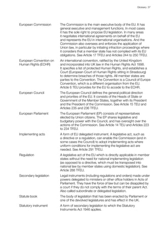 Glossary 37 
European Commission The Commission is the main executive body of the EU. It has
general executive and management functions. In most cases
it has the sole right to propose EU legislation. In many areas
it negotiates international agreements on behalf of the EU
and represents the EU in international organisations. And the
Commission also oversees and enforces the application of
Union law, in particular by initiating infraction proceedings where
it considers that a member state has not complied with its EU
obligations. See Article 17 TFEU and Articles 244 to 250 TFEU.
European Convention on
Human Rights (ECHR)
An international convention, ratified by the United Kingdom
and incorporated into UK law in the Human Rights Act 1998.
It specifies a list of protected Human Rights, and establishes a
Court (European Court of Human Rights sitting in Strasbourg)
to determine breaches of those rights. All member states are
parties to the Convention. The Convention is a Council of Europe
Convention, which is a different organisation from the EU.
Article 6 TEU provides for the EU to accede to the ECHR.
European Council The European Council defines the general political direction
and priorities of the EU. It consists of the Heads of State or
Government of the Member States, together with its President
and the President of the Commission. See Article 15 TEU and
Articles 235 and 236 TFEU.
European Parliament The European Parliament (EP) consists of representatives
elected by Union citizens. The EP shares legislative and
budgetary power with the Council, and has oversight over the
actions of the Commission. See Article 14 TEU and Articles 223
to 234 TFEU.
Implementing acts A form of EU delegated instrument. A legislative act, such as
a directive or a regulation, can enable the Commission (and in
some cases the Council) to adopt implementing acts where
uniform conditions for implementing the legislative act are
needed. See Article 291 TFEU.
Regulation A legislative act of the EU which is directly applicable in member
states without the need for national implementing legislation
(as opposed to a directive, which must be transposed into
national law by member states using domestic legislation). See
Article 288 TFEU.
Secondary legislation Legal instruments (including regulations and orders) made under
powers delegated to ministers or other office holders in Acts of
Parliament. They have the force of law but can be disapplied by
a court if they do not comply with the terms of their parent Act.
Also called subordinate or delegated legislation.
Statute book The body of legislation that has been enacted by Parliament or
one of the devolved legislatures and has effect in the UK.
Statutory instrument A form of secondary legislation to which the Statutory
Instruments Act 1946 applies.
 