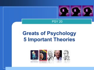 PSY 20


Greats of Psychology
5 Important Theories

        Company
        LOGO
 