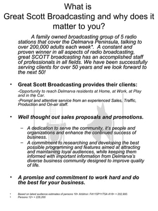 What is
Great Scott Broadcasting and why does it
matter to you?
A family owned broadcasting group of 5 radioA family owned broadcasting group of 5 radio
stations that cover the Delmarva Peninsula, talking tostations that cover the Delmarva Peninsula, talking to
over 200,000 adults each week*. A constant andover 200,000 adults each week*. A constant and
proven winner in all aspects of radio broadcasting,proven winner in all aspects of radio broadcasting,
great SCOTT broadcasting has an accomplished staffgreat SCOTT broadcasting has an accomplished staff
of professionals in all fields. We have been successfullyof professionals in all fields. We have been successfully
serving clients for over 50 years and we look forward toserving clients for over 50 years and we look forward to
the next 50!the next 50!
• Great Scott Broadcasting provides their clients:
-Opportunity to reach Delmarva residents at Home, at Work, at Play
and in the Car.
-Prompt and attentive service from an experienced Sales, Traffic,-Prompt and attentive service from an experienced Sales, Traffic,
Production and On-air staff.Production and On-air staff.
• Well thought out sales proposals and promotions.
– A dedication to serve the community, it’s people andA dedication to serve the community, it’s people and
organizations and enhance the continued success oforganizations and enhance the continued success of
business.business.
– A commitment to researching and developing the bestA commitment to researching and developing the best
possible programming and features aimed at attractingpossible programming and features aimed at attracting
and maintaining loyal audiences, while keeping themand maintaining loyal audiences, while keeping them
informed with important information from Delmarva’sinformed with important information from Delmarva’s
diverse business community designed to improve qualitydiverse business community designed to improve quality
of life.of life.
• A promise and commitment to work hard and do
the best for your business.
• Based on latest audience estimates of persons 18+ Arbitron: FA11SP11TSA A18+ = 202,900.
• Persons 12+ = 226,200
 