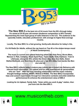  
www.musicontheb.com
The New B95.3 is the best mix of hit music from the 90’s through today.
It's aimed at 25-39 year old women (Audience composition is 60% Female)
Representing the most loyal group of radio listeners in the U.S. The audience is the
upwardly mobile, educated, professional, with average to higher-than-average
income.
Locally, The New B95.3 is a fast growing, family-safe alterative for today’s hits.
It’s Hit Radio for Adults, without the rap heard on Top 40 or the slower-tempo mood
of Adult Contemporary.
The music is current and upbeat featuring artists like Katy Perry, Bruno Mars,
Maroon 5, Pink, Coldplay, Black Eyed Peas, Taylor Swift, Kelly Clarkson, Train &
Lifehouse, alongside 90’s artists like Green Day, Goo Goo Dolls, Gwen
Stefani/NoDoubt, and Matchbox 20, plus just a few 80’s titles from bands like Bon
Jovi and U2.
The New B95.3 reflects today’s mature pop culture and is tuned into Delmarva with
relevant local information. It’s upbeat and fun with experienced air personalities
who are “real”. With our long standing relationship with the music industry
thought heritage stations, WZBH, WOCQ & WGBG, The New B95.3 incorporates
trips and concert experiences through fun interactive contests and artist visits/live
performances to enhance the entertainment value of B95.3
Looking for An Upbeat, Family Safe, “listen while you work & play” station, then
just tune into the New B95.3.
 
