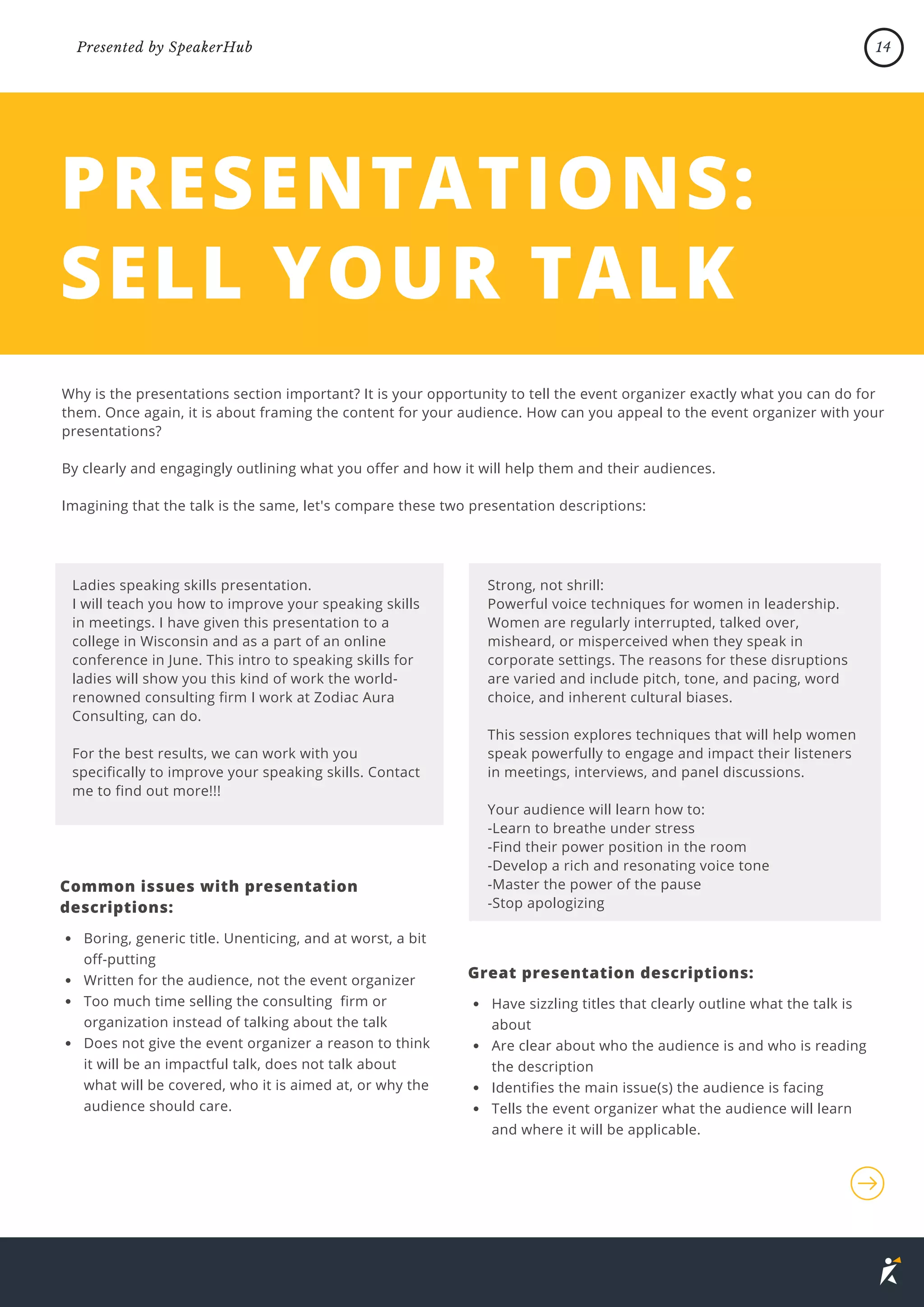 Strong, not shrill:
Powerful voice techniques for women in leadership.
Women are regularly interrupted, talked over,
misheard, or misperceived when they speak in
corporate settings. The reasons for these disruptions
are varied and include pitch, tone, and pacing, word
choice, and inherent cultural biases.
This session explores techniques that will help women
speak powerfully to engage and impact their listeners
in meetings, interviews, and panel discussions.
Your audience will learn how to:
-Learn to breathe under stress
-Find their power position in the room
-Develop a rich and resonating voice tone
-Master the power of the pause
-Stop apologizing
PRESENTATIONS:
SELL YOUR TALK
Why is the presentations section important? It is your opportunity to tell the event organizer exactly what you can do for
them. Once again, it is about framing the content for your audience. How can you appeal to the event organizer with your
presentations?
By clearly and engagingly outlining what you offer and how it will help them and their audiences.
Imagining that the talk is the same, let's compare these two presentation descriptions:
Ladies speaking skills presentation.
I will teach you how to improve your speaking skills
in meetings. I have given this presentation to a
college in Wisconsin and as a part of an online
conference in June. This intro to speaking skills for
ladies will show you this kind of work the world-
renowned consulting firm I work at Zodiac Aura
Consulting, can do.
For the best results, we can work with you
specifically to improve your speaking skills. Contact
me to find out more!!!
Common issues with presentation
descriptions:
Great presentation descriptions:
Boring, generic title. Unenticing, and at worst, a bit
off-putting
Written for the audience, not the event organizer
Too much time selling the consulting firm or
organization instead of talking about the talk
Does not give the event organizer a reason to think
it will be an impactful talk, does not talk about
what will be covered, who it is aimed at, or why the
audience should care.
Have sizzling titles that clearly outline what the talk is
about
Are clear about who the audience is and who is reading
the description
Identifies the main issue(s) the audience is facing
Tells the event organizer what the audience will learn
and where it will be applicable.
14
Presented by SpeakerHub
 