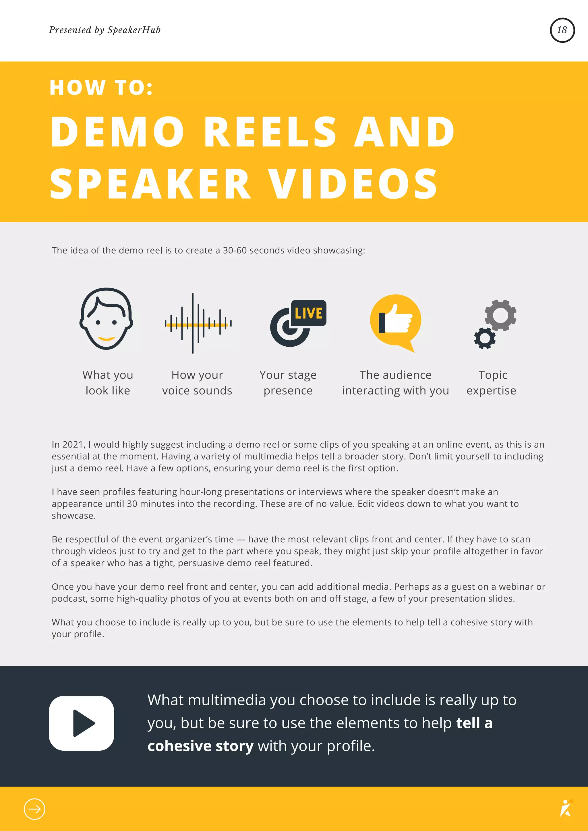 In 2021, I would highly suggest including a demo reel or some clips of you speaking at an online event, as this is an
essential at the moment. Having a variety of multimedia helps tell a broader story. Don’t limit yourself to including
just a demo reel. Have a few options, ensuring your demo reel is the first option.
I have seen profiles featuring hour-long presentations or interviews where the speaker doesn’t make an
appearance until 30 minutes into the recording. These are of no value. Edit videos down to what you want to
showcase.
Be respectful of the event organizer’s time — have the most relevant clips front and center. If they have to scan
through videos just to try and get to the part where you speak, they might just skip your profile altogether in favor
of a speaker who has a tight, persuasive demo reel featured.
Once you have your demo reel front and center, you can add additional media. Perhaps as a guest on a webinar or
podcast, some high-quality photos of you at events both on and off stage, a few of your presentation slides.
What you choose to include is really up to you, but be sure to use the elements to help tell a cohesive story with
your profile.
DEMO REELS AND
SPEAKER VIDEOS
What multimedia you choose to include is really up to
you, but be sure to use the elements to help tell a
cohesive story with your profile.
HOW TO:
What you
look like
The idea of the demo reel is to create a 30-60 seconds video showcasing:
How your
voice sounds
Your stage
presence
The audience
interacting with you
Topic
expertise
18
Presented by SpeakerHub
 
