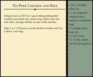 No-Peek Chicken and Rice                             • 3/4 c. uncooked
                                                             white rice
                                                             • 1 can condensed
Preheat oven to 350°. In 3-quart oblong baking dish          cream of celery,
combine uncooked rice, cream soup, onion soup mix
                                                             chicken or mushroom
and water. Arrange chicken on top of this mixture.
                                                             soup
Bake 1 to 1 1/4 hours, or until chicken is tender and rice   • 1 envelope onion
is done. 4 servings.                                         soup mix
                                                             • 2 1/4 c. water
                                                             • 2 1/2 lbs. chicken,
                                                             cut into serving pieces
 
