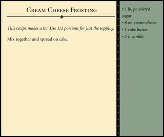 Cream Cheese Frosting                                  • 1 lb. powdered
                                                                  sugar
                                                                  • 8 oz. cream cheese
This recipe makes a lot. Use 1/2 portions for just the topping.   • 1 cube butter
                                                                  • 2 t. vanilla
Mix together and spread on cake.
 