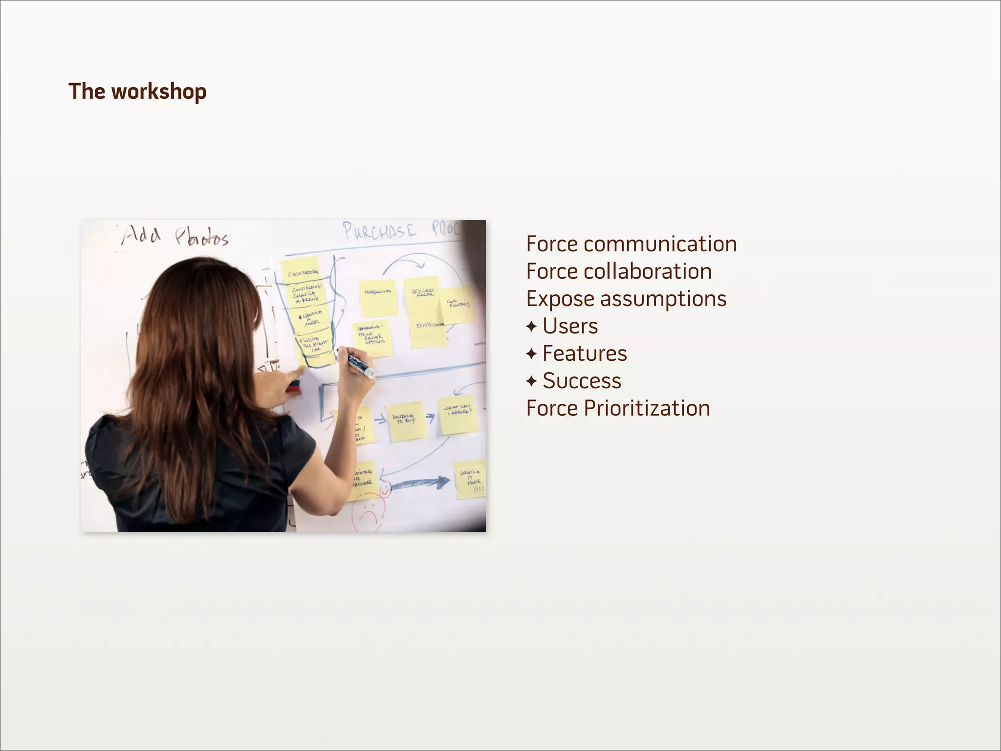 The workshop




               Force communication
               Force collaboration
               Expose assumptions
                Users
                Features
                Success
               Force Prioritization
 