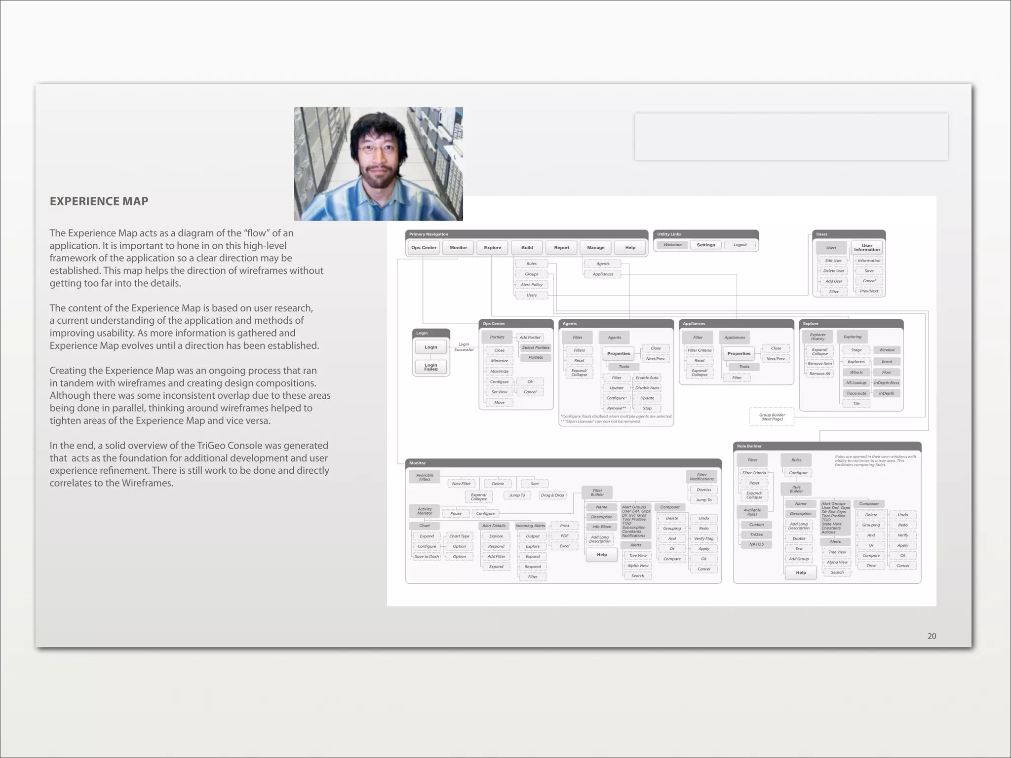 TriGeo Console Project Milestone v_0.1
                                                                    Last Modi ed: October 30, 2008 9:12 AM




EXPERIENCE MAP

The Experience Map acts as a diagram of the “ ow” of an
application. It is important to hone in on this high-level
framework of the application so a clear direction may be
established. This map helps the direction of wireframes without
getting too far into the details.

The content of the Experience Map is based on user research,
a current understanding of the application and methods of
improving usability. As more information is gathered and
Experience Map evolves until a direction has been established.

Creating the Experience Map was an ongoing process that ran
in tandem with wireframes and creating design compositions.
Although there was some inconsistent overlap due to these areas
being done in parallel, thinking around wireframes helped to
tighten areas of the Experience Map and vice versa.

In the end, a solid overview of the TriGeo Console was generated
that acts as the foundation for additional development and user
experience re nement. There is still work to be done and directly
correlates to the Wireframes.




                                                                                                             20
 