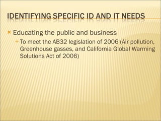 Educating the public and business To meet the AB32 legislation of 2006 (Air pollution, Greenhouse gasses, and California Global Warming Solutions Act of 2006) 