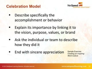 Celebration Model

          •          Describe specifically the
                     accomplishment or behavior
          •          Explain its importance by linking it to
                     the vision, purpose, values, or brand
          •          Ask the individual or team to describe
                     how they did it
          •          End with sincere appreciation         Sample Exercise:
                                                           Creating an Inspiring
                                                           Work Culture




© 2012 NetSpeed Learning Solutions. All rights reserved.                           33
 