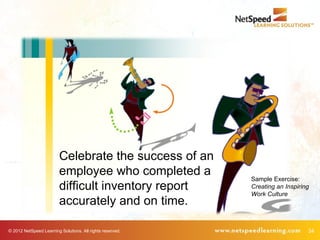 Celebrate the success of an
                         employee who completed a
                                                           Sample Exercise:
                         difficult inventory report        Creating an Inspiring
                                                           Work Culture
                         accurately and on time.

© 2012 NetSpeed Learning Solutions. All rights reserved.                       34
 