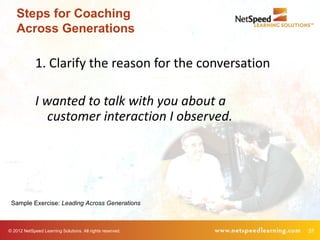 Steps for Coaching
    Across Generations

             1. Clarify the reason for the conversation

             I wanted to talk with you about a
                customer interaction I observed.




 Sample Exercise: Leading Across Generations



© 2012 NetSpeed Learning Solutions. All rights reserved.   37
 