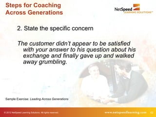 Steps for Coaching
 Across Generations

             2. State the specific concern

             The customer didn’t appear to be satisfied
               with your answer to his question about his
               exchange and finally gave up and walked
               away grumbling.




 Sample Exercise: Leading Across Generations



© 2012 NetSpeed Learning Solutions. All rights reserved.    42
 