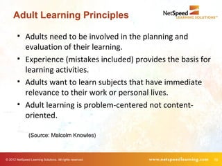 Adult Learning Principles

        • Adults need to be involved in the planning and
          evaluation of their learning.
        • Experience (mistakes included) provides the basis for
          learning activities.
        • Adults want to learn subjects that have immediate
          relevance to their work or personal lives.
        • Adult learning is problem-centered not content-
          oriented.

                (Source: Malcolm Knowles)



© 2012 NetSpeed Learning Solutions. All rights reserved.          19
 
