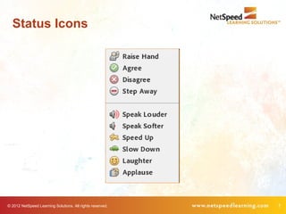 Status Icons




© 2012 NetSpeed Learning Solutions. All rights reserved.   7
 