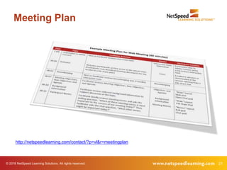 21© 2016 NetSpeed Learning Solutions. All rights reserved.
Meeting Plan
http://netspeedlearning.com/contact/?p=vl&r=meetin...