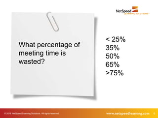 © 2016 NetSpeed Learning Solutions. All rights reserved. 6
What percentage of
meeting time is
wasted?
< 25%
35%
50%
65%
>7...