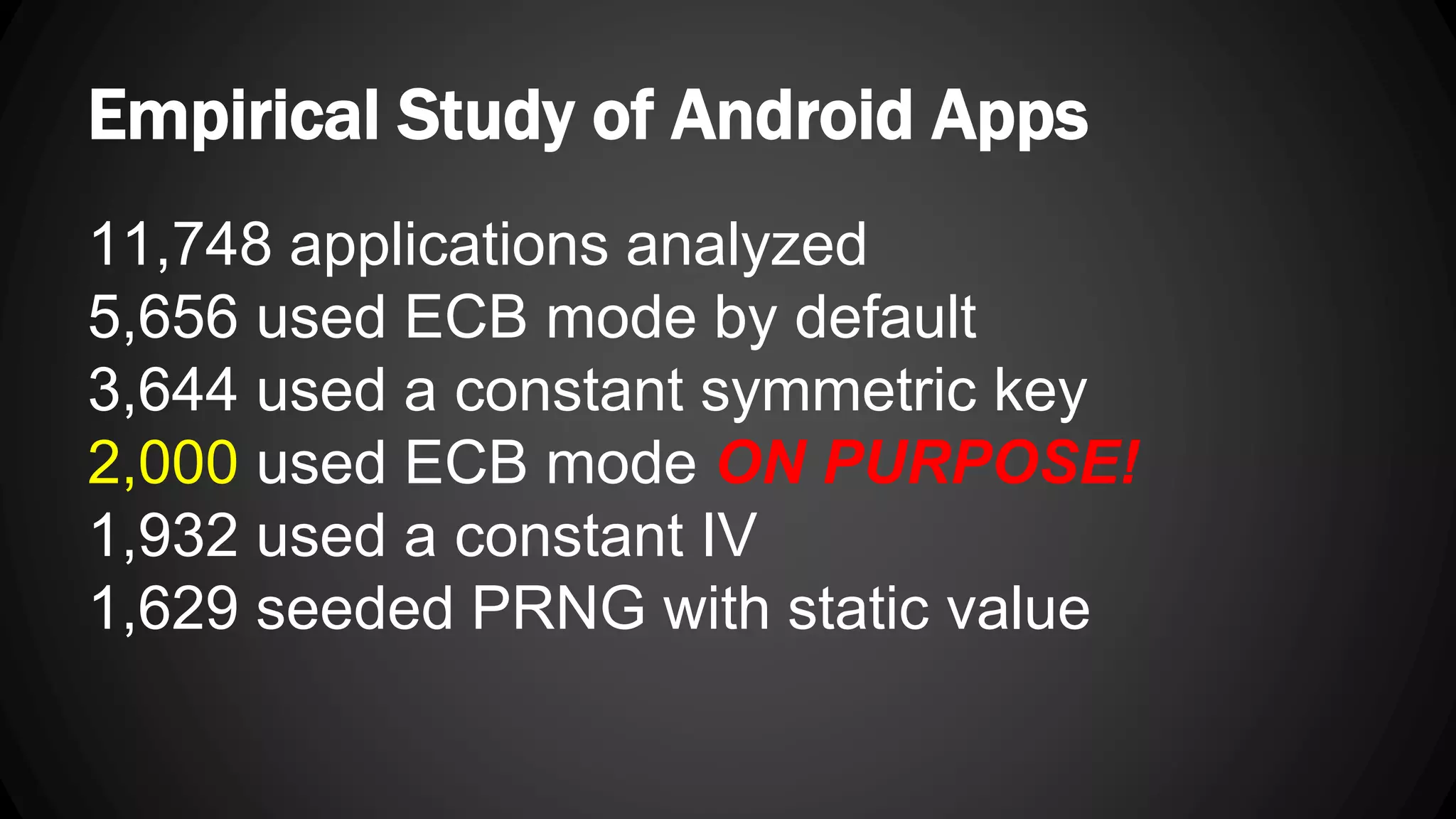 Empirical Study of Android Apps 11,748 applications analyzed 5,656 used ECB mode by default 3,644 used a constant symmetric key 2,000 used ECB mode ON PURPOSE! 1,932 used a constant IV 1,629 seeded PRNG with static value 