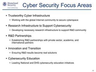 Presenter’s Name June 17, 2003
Cyber Security Focus Areas
 Trustworthy Cyber Infrastructure
 Working with the global Internet community to secure cyberspace
 Research Infrastructure to Support Cybersecurity
 Developing necessary research infrastructure to support R&D community
 R&D Partnerships
 Establishing R&D partnerships with private sector, academia, and
international partners
 Innovation and Transition
 Ensuring R&D results become real solutions
 Cybersecurity Education
 Leading National and DHS cybersecurity education initiatives
10
 