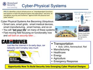 Presenter’s Name June 17, 2003
Cyber-Physical Systems
22
Cyber Physical Systems Are Becoming Ubiquitous:
• Smart cars, smart grids, smart medical devices,
smart manufacturing, smart homes, and so on
• You will “bet your life” on many of these systems
• Fast moving field focusing on functionality now
and will bolt on security later…
Drones Could Help
Tulsa Firefighters
During Search,
Rescue
PPD 21 Identifies critical infrastructure as “interdependent functions
and systems in both the physical space and cyberspace” and aims to
strengthen security and resilience “against both the physical and
cyber attacks”
Just like the Internet in its early days, car
networks don’t employ very much
security”
Opportunity Now To Build Security Into Emerging Cyber Physical Designs
 Transportation
 Auto, UAVs, Aeronautical, Rail
 Manufacturing
 Healthcare
 Energy
 Agriculture
 Emergency Response
 